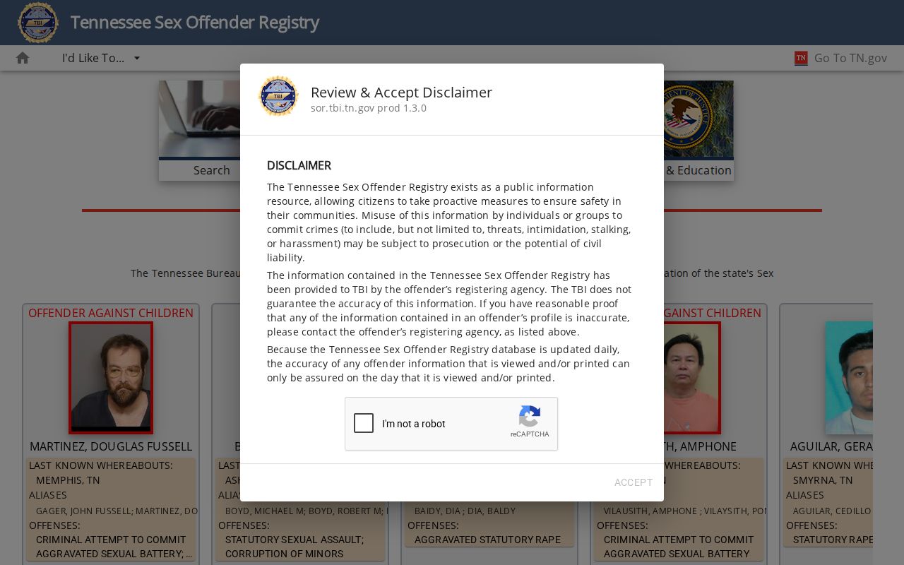 Oak Ridge public records search at the Tennessee offender registry