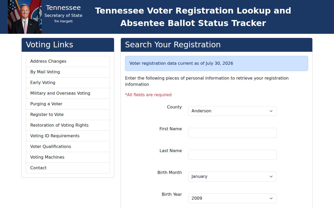 Oak Ridge voter registration lookup form for Tennessee
